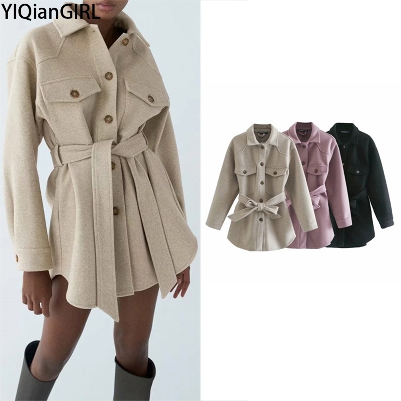 

Zar Women Fashion With Belt Loose Woolen Jacket Coat Vintage Long Sleeve Winter Coat Elegant Female Outerwear Chic Overcoat 201221, Black