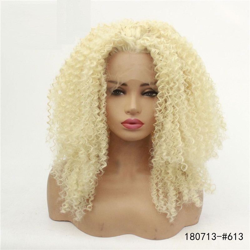 

613 Blonde Synthetic Lace frontal Wigs Afro Kinky Curly LaceFront Wig High Temperature Fiber perruques de cheveux humains 180713-#613, As picture