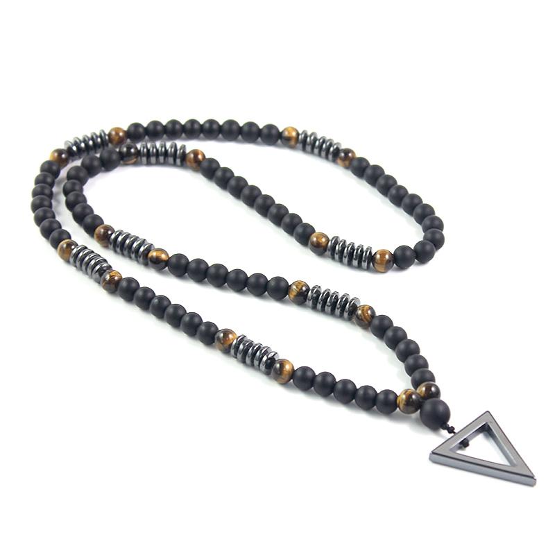 

2020 New Design 8MM Tiger Eye Stone Matte Black Stone Long Necklace Hematite Triangle Pendant Necklace Men's Jewelry