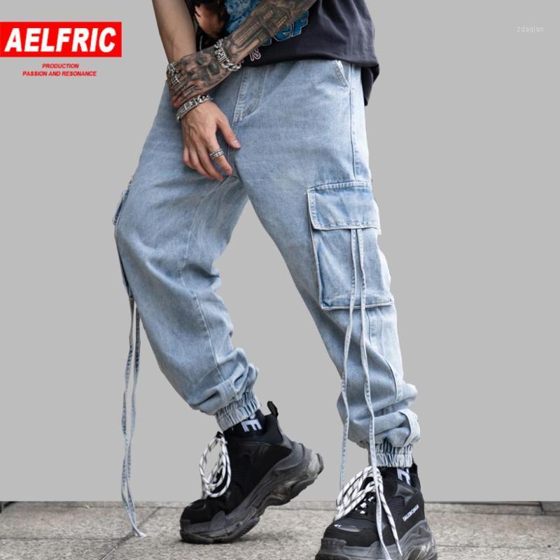 

AELFRIC Pockets Joggers Men 2019 Spring Summer Loose Jeans Straight Harem Joggers Denim Jean Fashion Casual Pants Blue Trousers1