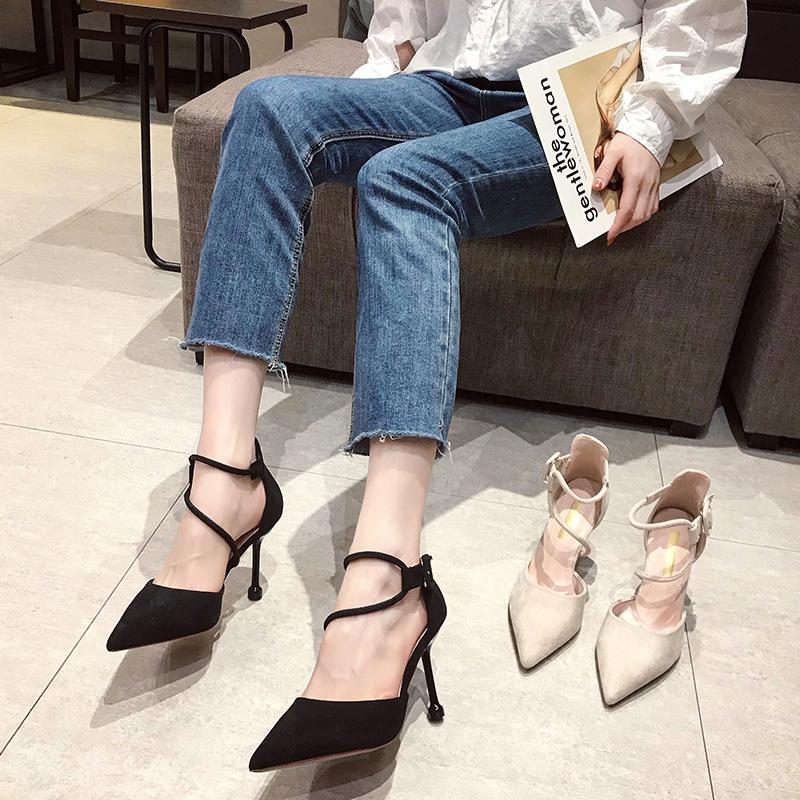 

The new summer light mouth high-heeled word buckle fine with black shoes, Beige