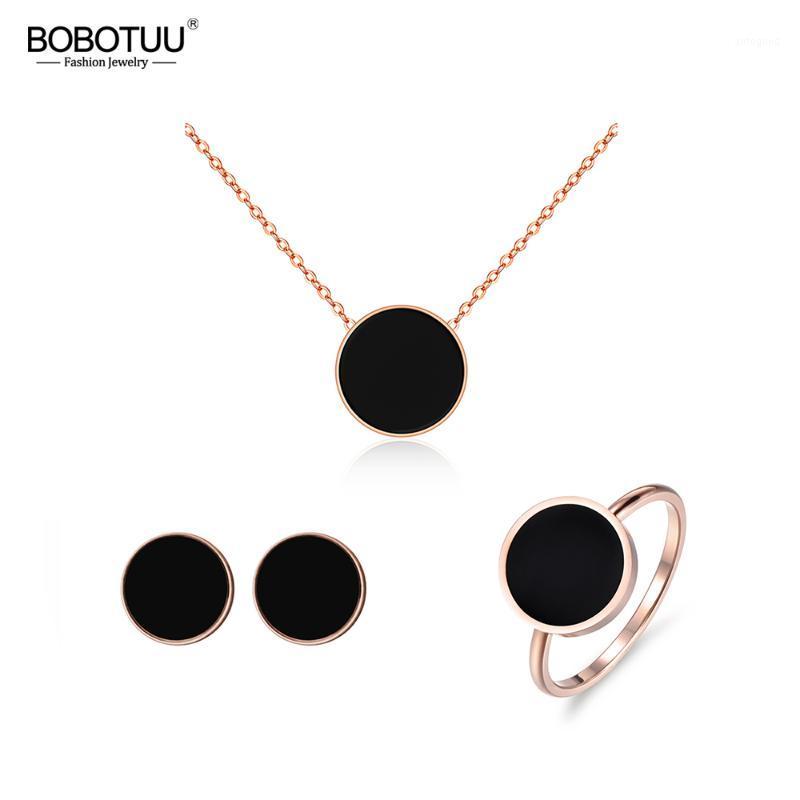 

Earrings & Necklace BOBOTUU Black Acrylic Titanium Steel Chokers Necklaces Chain Link Bracelets Stud Rings Sets Wedding Jewelry BSE0011, As pic