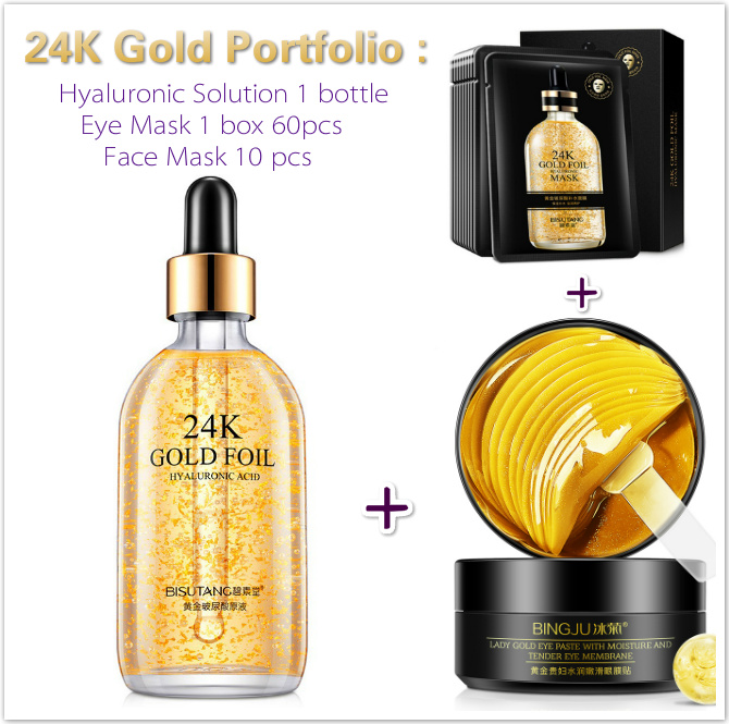 24k gold Hyaluronic solution Portfolio skin care essence tender Oil-control Lighten Fine Lines plus 60pcs eye mask 10 pcs face mask-image-560160711
