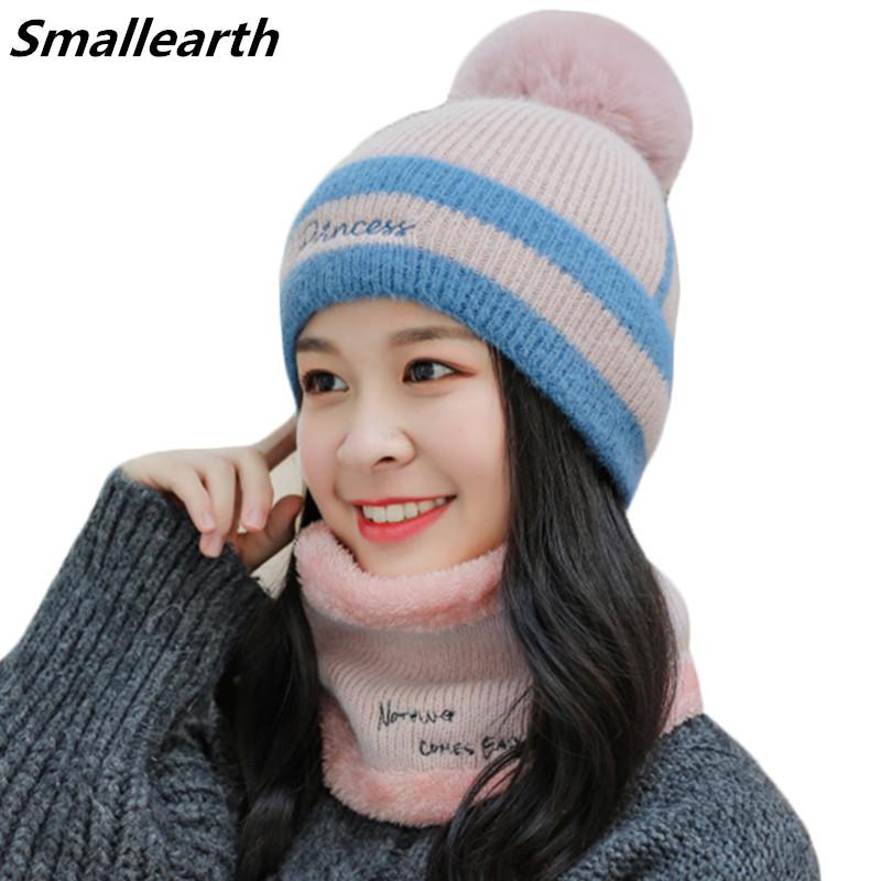 

New Winter Hat Women Beanie Hats Scarf Sets Thick Warm Skullies Girls Knitted Bonnet Cap Female Outdoor Riding Ski Hat Scarf Set