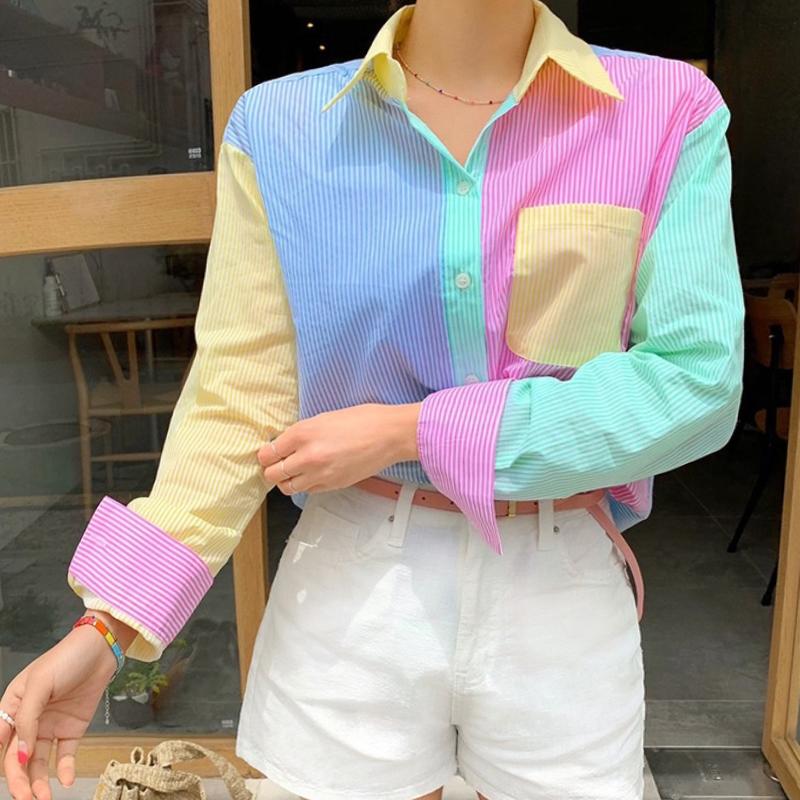 

2021 New Arrival Women Button Blouse Office Lady Pink Blue Shirt Elegance Turndown Collar Long Sleeve Korean Style Tops, Blue collar