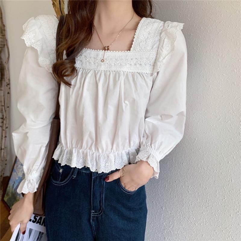 

Spring Short Style Solid Square Collar Blouse Sweet Fashion Puff Sleeve Shirts with Lace Office Ladies Elegant Loose Tops, White
