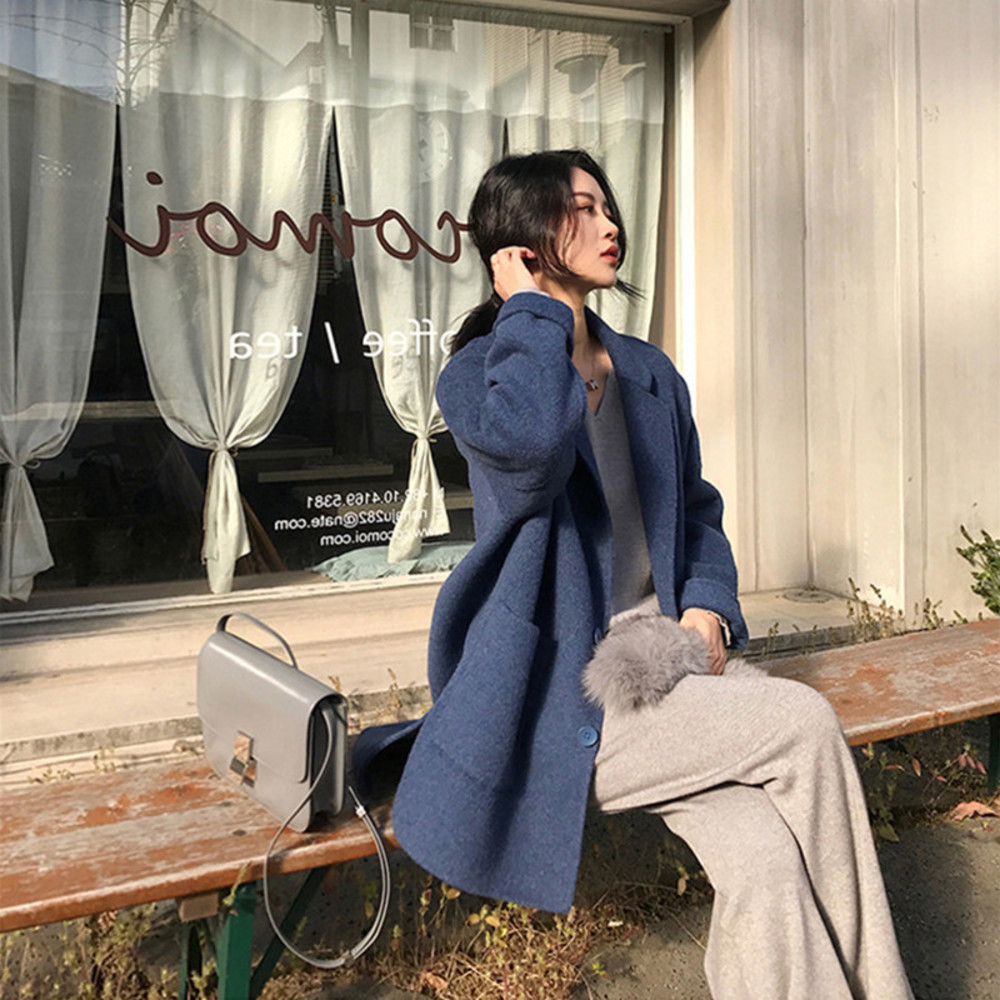 

Women Autumn fashion Solid woolen Coats Cardigan Elegant Coat, Blue