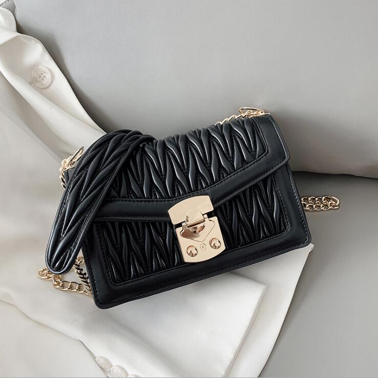 

factory wholesale women handbag new pleated women chain bag foreign soft leather shoulder bag street trend gold buckle messenger bag, Black;red