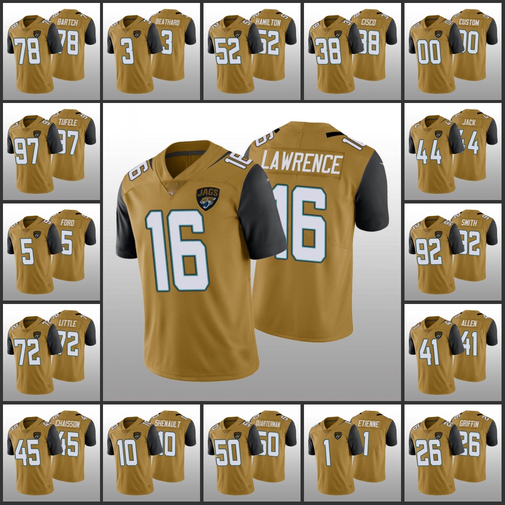 

Jacksonville''Jaguars''Men #44 Myles Jack 16 Trevor Lawrence 1 Travis Etienne 45 K'Lavon Chaisson Women Youth Custo, Black;red