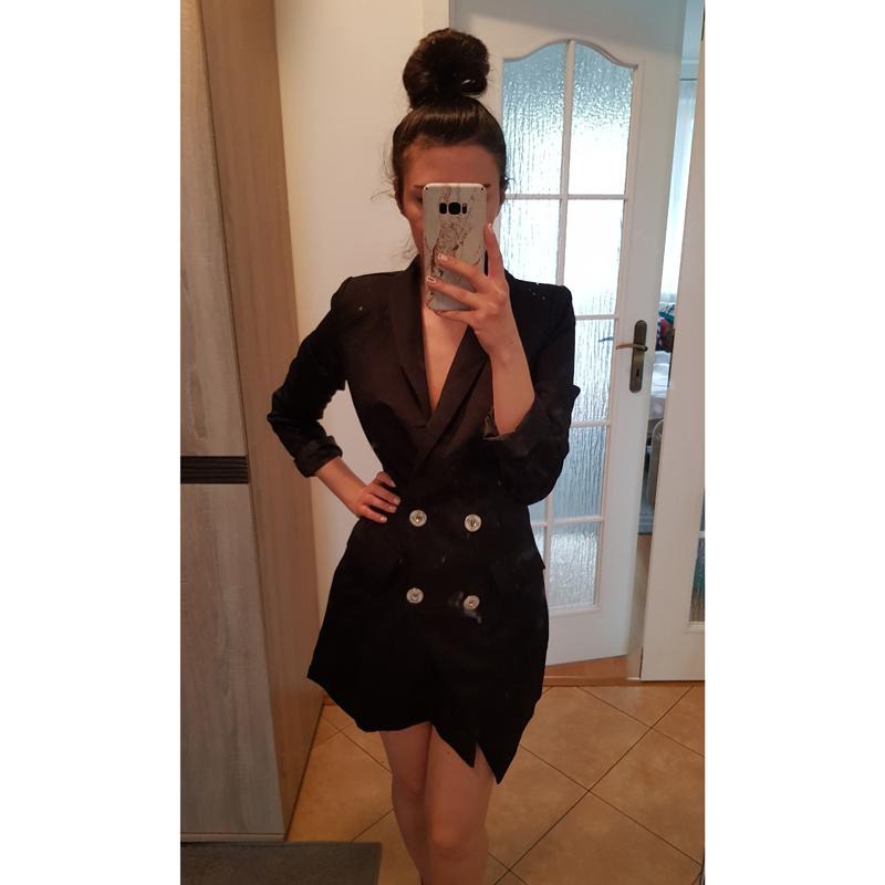 

Elegant V Neck Long Sleeve Double Breasted Blazer Dress Women High Quality Asymmetric Slim Solid Mini Dresses Robe Casual Suit, Black