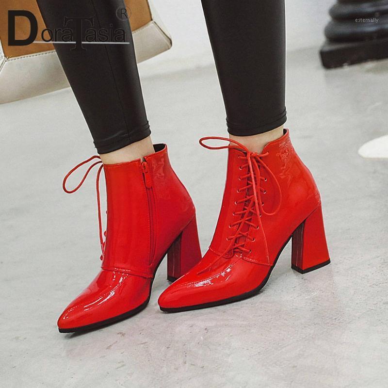 

DORATASIA New Fashion Female Cross Tied Boots 2020 Autumn Elegant Boots Women Pointed Toe Square High Heels Ankle Shoes Woman1, Beige