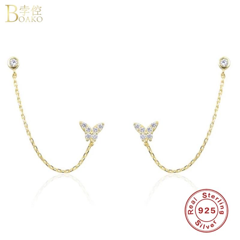 

Boako S925 Sterling Silver Crystal Zircon Chain Earring for Women Butterfly Cross Petal Stud Earrings Wedding Gift Fine Jewelry