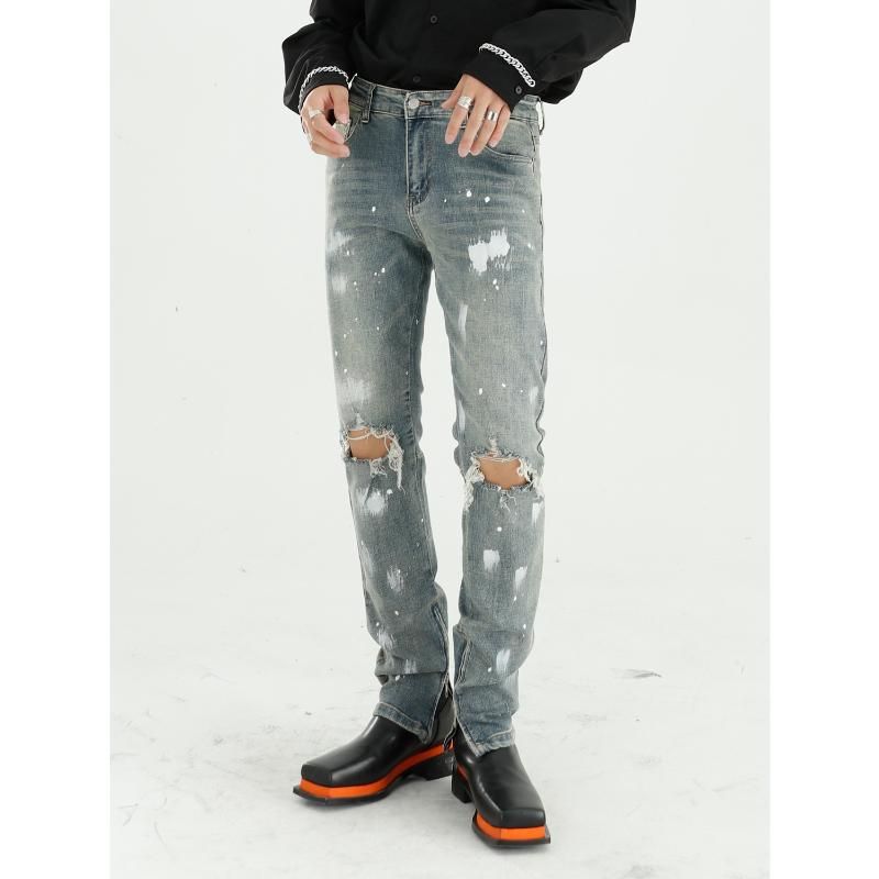 

Male Vintage Streetwear Hip Hop Jeans Trousers Men Paint Knee Broken Hole Slim Fit Casual Beggar Denim Pant, 129