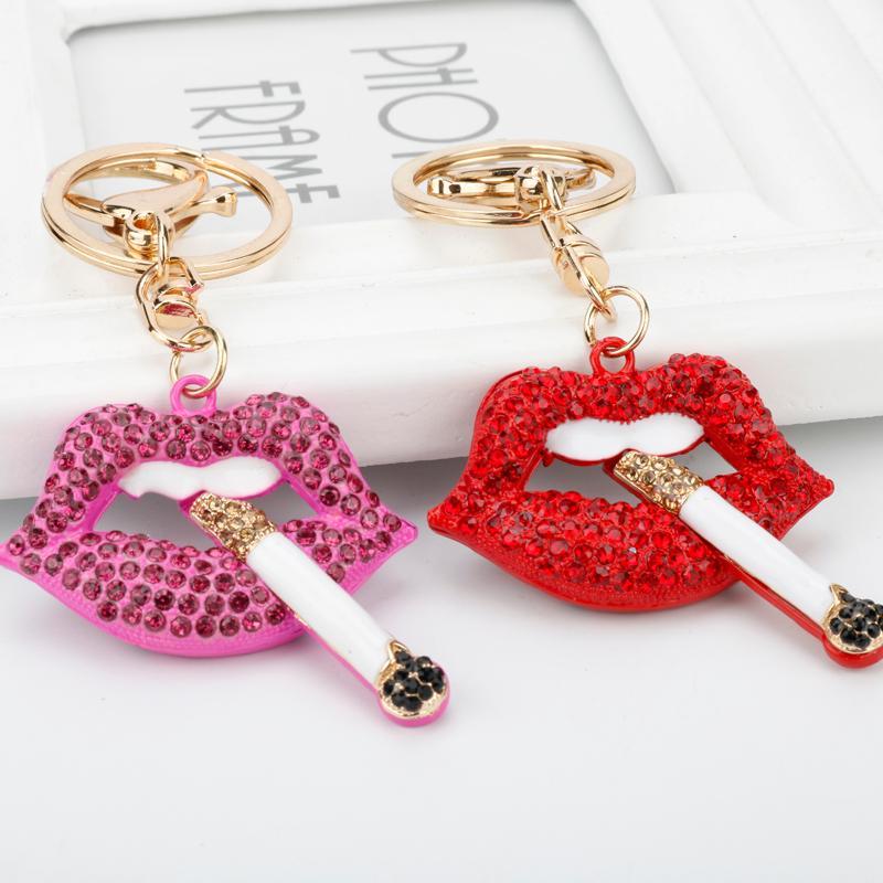 

Fashion Sexy Rose Red Lip Crystal Cigarette Keychain Charm Pendant Rhinestone Car Purse HandBag Key Chain Ring Creative Gift1