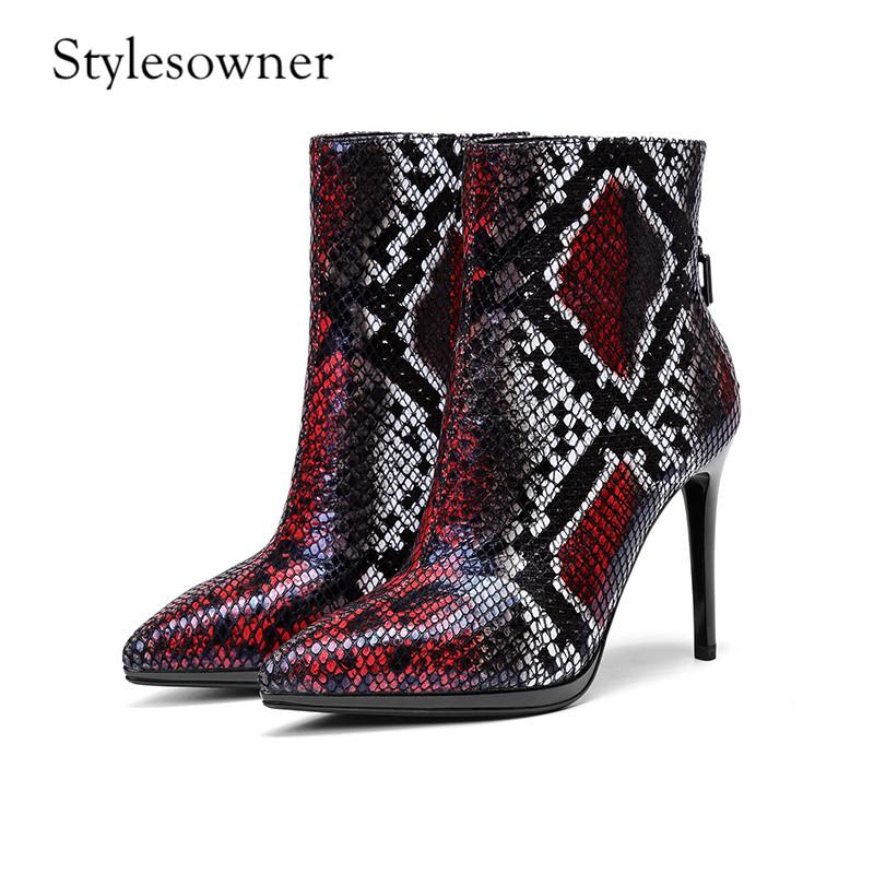 

Stylesowner Original Brand High Quality Winter Ankle Boots Mixed Colors Real Leather Back Zipper Pointed Toe Fashion Heels Boots, Black
