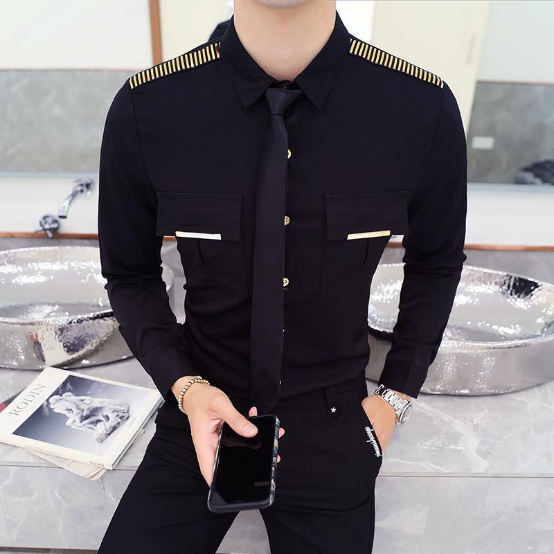 

Classic Youth Men Long Sleeve Shirts Fashion Hotel KTV Men Leisure Shirt Asian Size Size 5XL Slim Design Black Shirt