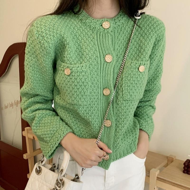 

Vintage Round Neck Single Breasted Sweater Women Green/White Pockets Long Sleeve Knitted Cardigan Female Autumn Outerwear 2020, Black