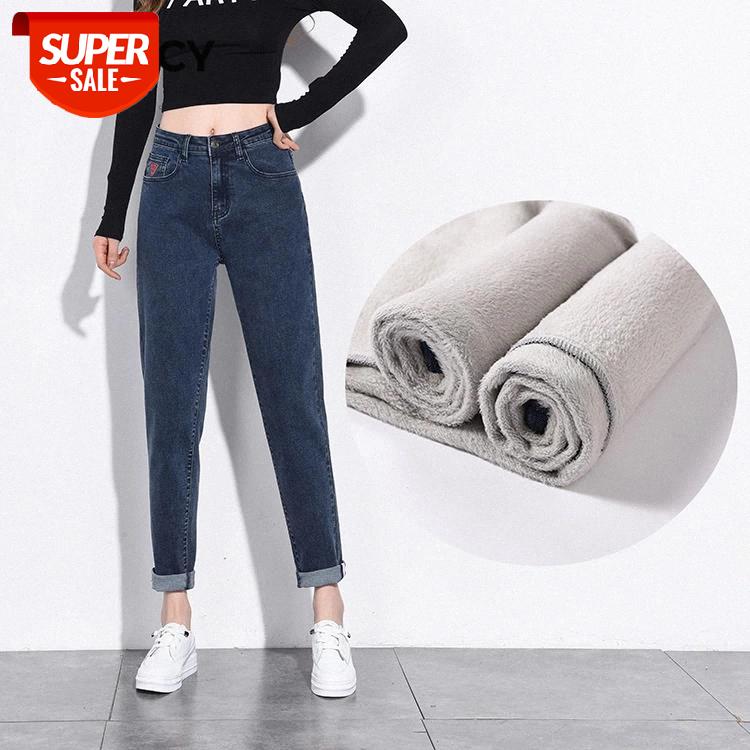 

JFUNCY New Winter Plus Size Women's Plus Cashmere Warm Jeans Stretch High Waist Slim Black Blue Trousers #ca2h, Black;white