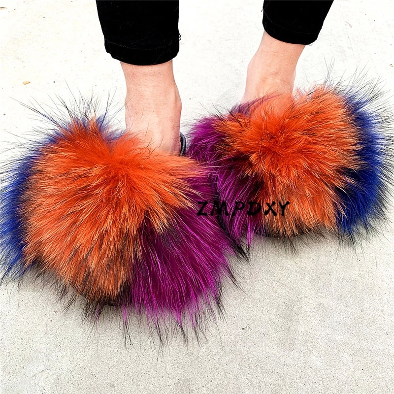

Women's Fluffy Raccoon Fur Slides Children's/Kids Real Fox Fur Slippers Warm Plush Home Shoes Rainbow Flip Flops Female Sandals #wA1q, Black