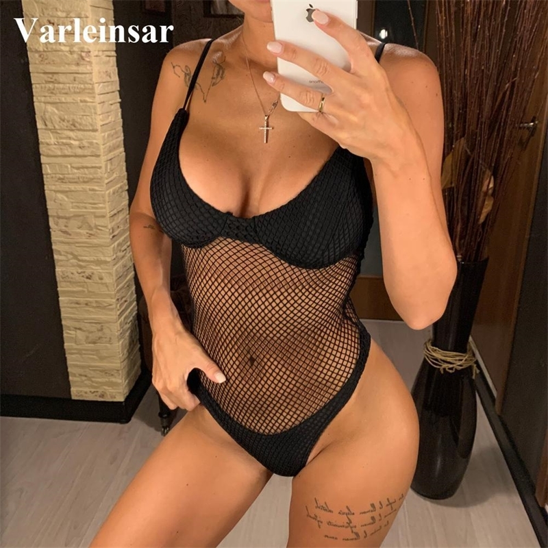 

New Black Women Swimwear Sexy Mesh Sheer One Piece Swimsuit Female Bather Bathing Suit Swim Bodysuit Lady V1723 Y200824