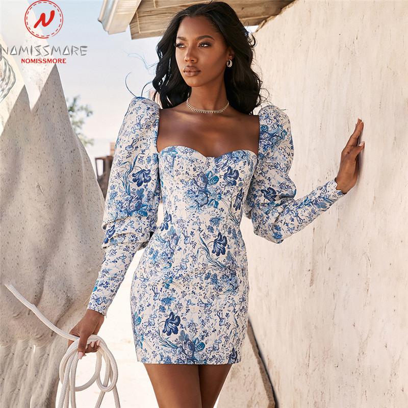 

Women Autumn Dress for Streetwear Patchwork Design Slash Neck Long Sleeve Print Strapless Dress Lady Slim Party Pencil, Sky blue