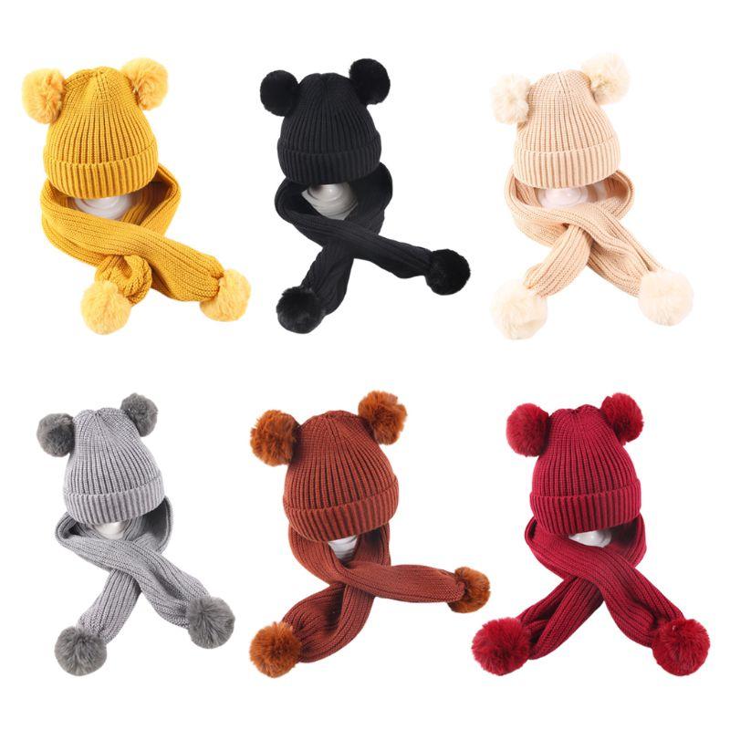 

Children Scarf Hat Set Knitted Solid Color with 2 Balls Kids Autumn Winter Shawl