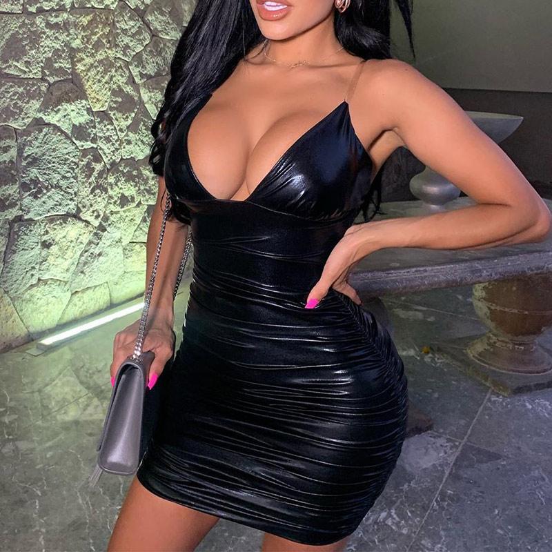 

Women Sexy Faxu Leather Bodycon Dress Pleated Party Low Collar Mini Dresses Summer Female Transparent Strap Clubwear CC20211015, Black