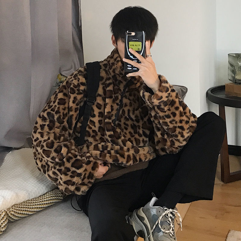 

2021 New Autumn and Winter New Leopard Hoodies Printing Lamb Wool Pulley Tide in Thick Coat Warm Couple Top Free 7QDG, Apricot
