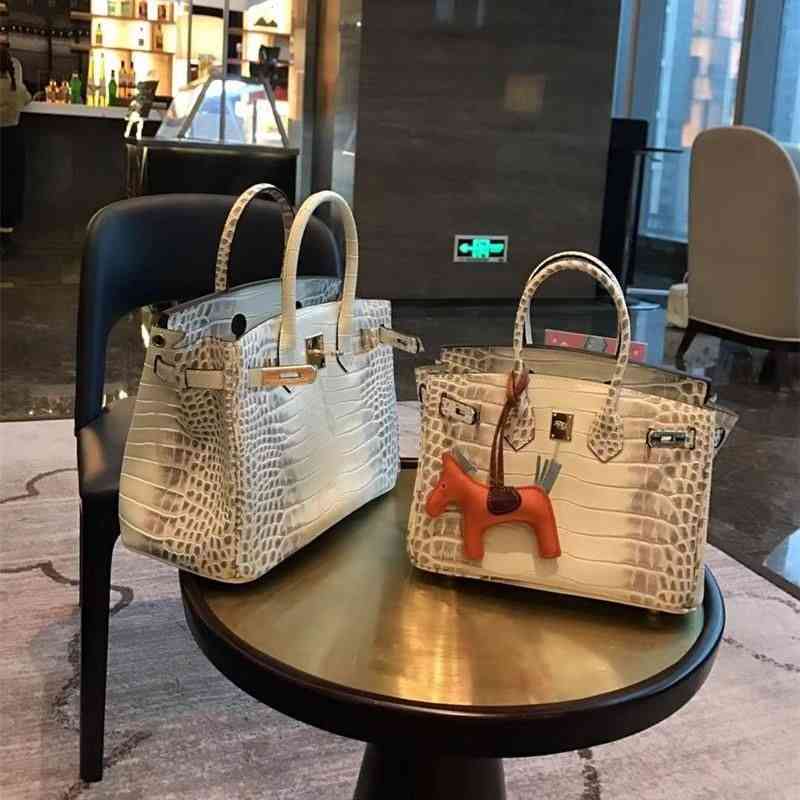 

Birkins Crocodile Pattern Platinum One Shoulder Messenger Handbag Leather Women's Bag Himalayan White Have Logo, Black 25cm small