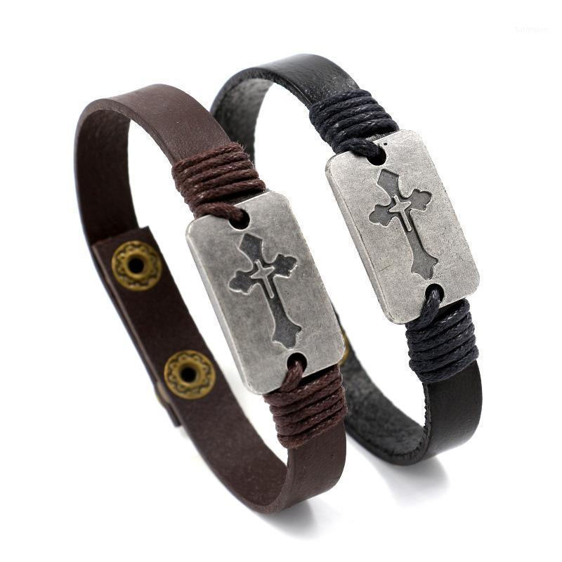 

Kirykle punk style hand knitting genuine leather bracelet for man Religious cross bangle for women Single1