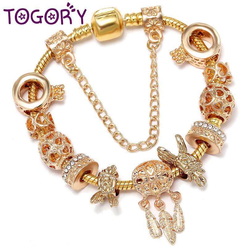 

TOGORY Gold Color Feather & Angel Beads Charm Bracelets With Silver Plated Snake Chain Bracelet For Women Christmas Jewelry Gift