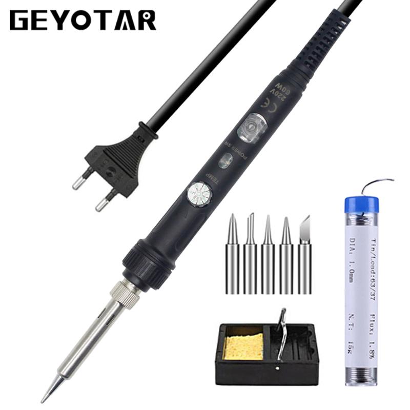 

GEYOTAR Adjustable Temperature Electric Soldering Iron 220V 60W EU Plug With Power switch Solder Wire 5pcs Iron Tips stand