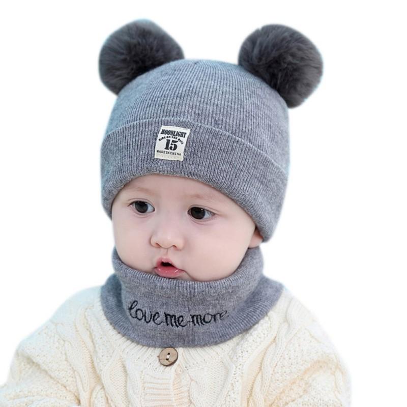 

2PCS/Sets Baby Winter Warmer Scarf+ Ball Design Hat Infant Cotton Collar Scarves Neckerchiefs Headwear Sets a, Gray