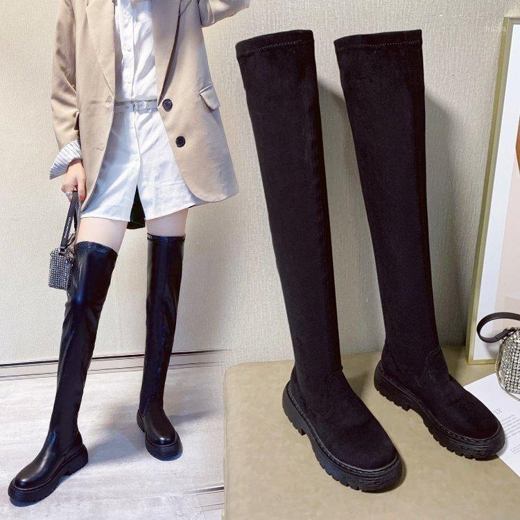 

Black Flat Over The Knee Boots Women Shoes Platform Thigh High Boots Winter Shoes Long Women 2020 Thick Sole Botas Mujer1, Black leather