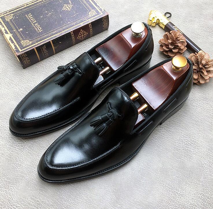 

Fashion men pointed toe tassel dress shoes Genuine leather slip-on handmade oxfords for men office formal shoes, As pic 2