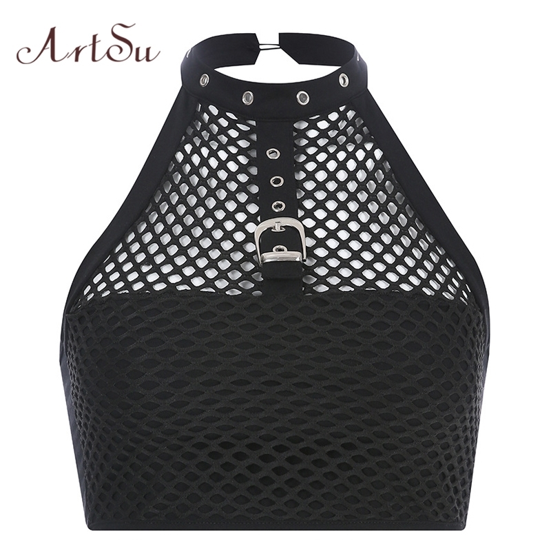 

ArtSu Sexy Black Mesh Tank Top Women Halter Backless Crop Top Streetwear Bodycon Hollow Out Tank Tops ASVE20617 Y200422