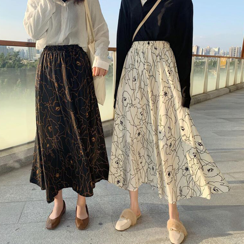

2021 90cm Bohemian Long Maxi Summer Fashion Chiffon Female Boho Sun Skirt High Waist Ra15, Black