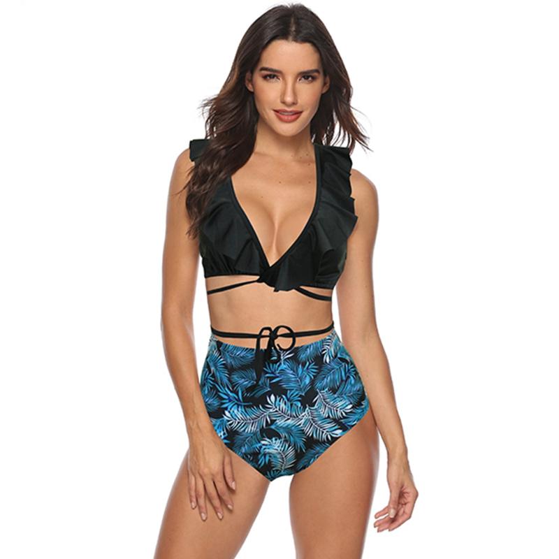 

New 2021 Bikini Women Swimwear Push Up Bikini Set Swimsuit Black Top Print Bottom Brazilian Biquini Bathing Suit Swim Wear Beach
