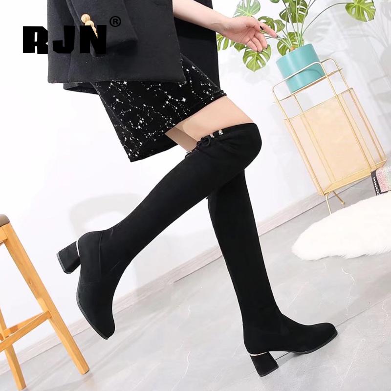 

RJN Women's Over-the-knee Boots Round Toe Black Lace Up Suede Stretch High Boots Winter Warm Fashion 2020 Women's Shoes RC842