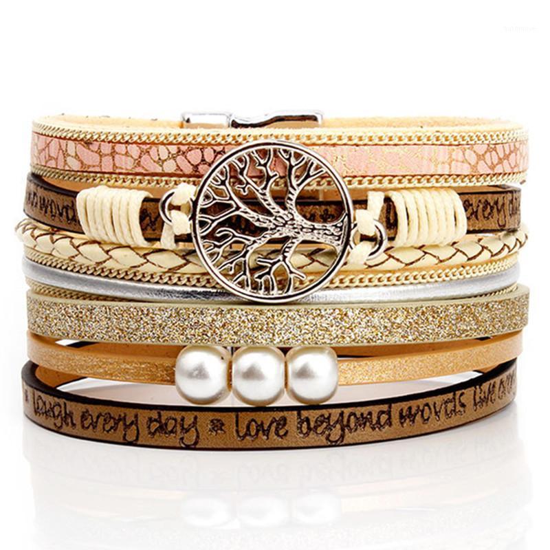 

DIEZI Brazilian PU Leather Pearl Beads Bracelets For Women Korean Tree Of Life Magnet Buckle Bohemian Bracelets Bangles1