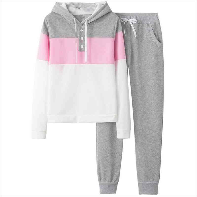 

womens tracksuit hooded long-sleeved sportwear two-piece set fleece splicing long pants suit ropa de mujer, White