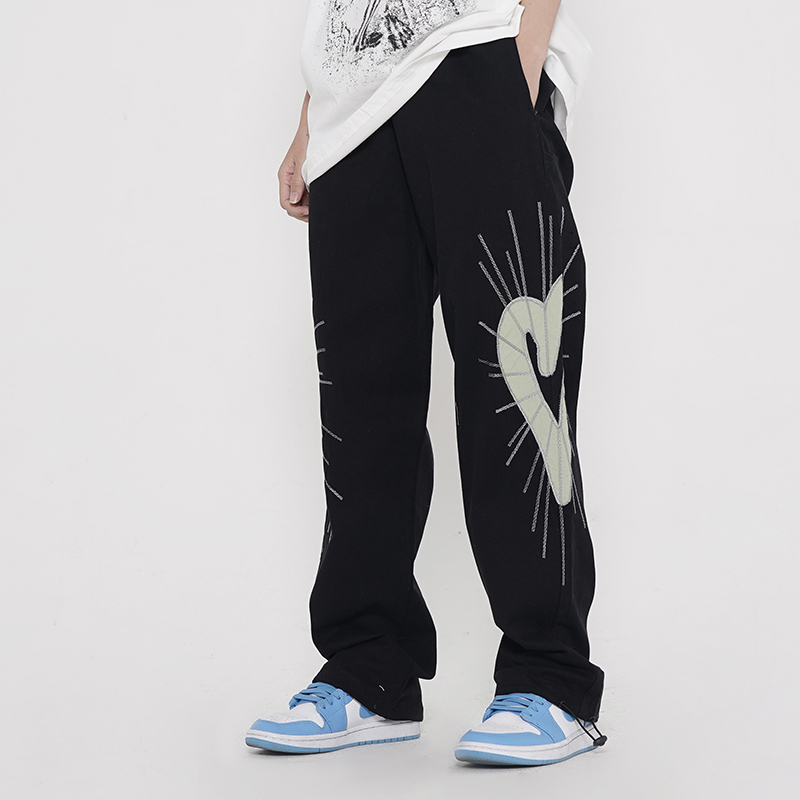 

2021 New High Street Drawstring Reflective Love Musical Pattern Cargo Pants Straight Feet Elastic Loose Casual Trousers 5kpx, Black