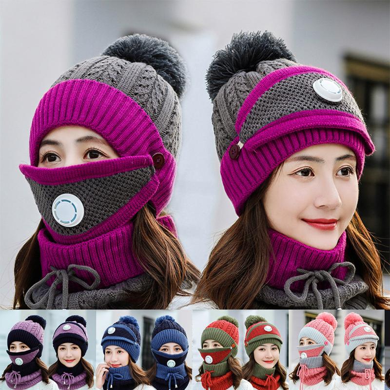 

Beanie/Skull Caps 3pcs/Set Knit Winter Cycling Hat Women Warm Wool Beanies Skullies Hats With Mask Collar Bib Female Velvet Thick Anti-smog
