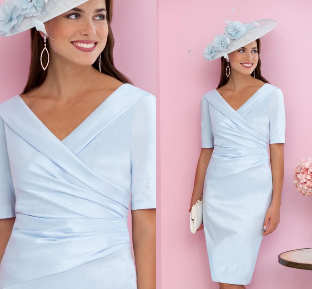 

2021 Newest V Neck Sheath Mother Of The Bride Dresses Short Sleeves Elegant Satin Pleats Knee Length Wedding Guest Prom Party Gowns AL8627