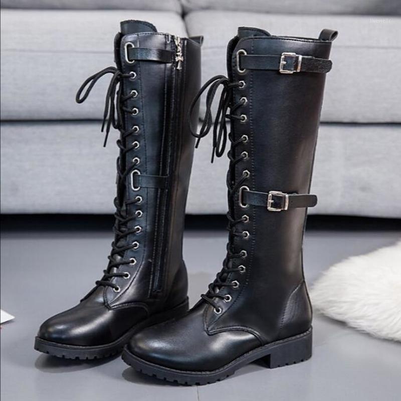 

women knee high boots low heels warm shoes woman PU leather gladiator plus size shoe chaussures femme zapatos mujer sapato D20671, Black