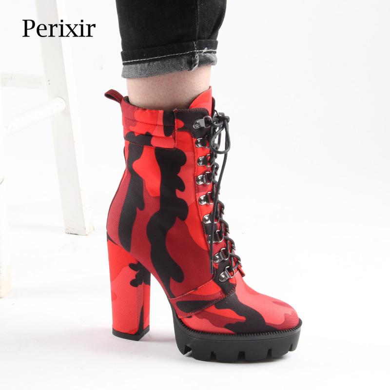 

Perixir Band Designer Women Ankle Boots Fashion Camouflage Cloth Chunky Block High Heel Boots Woman's Platform Party Shoes, Red