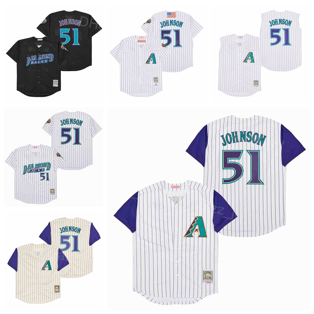 2001 Retro Baseball Vintage 51 Randy Johnson Jersey Men Pinstripe White Black Beige Team Color Cool Base Cooperstown Embroidery And Sewing Retire Hi