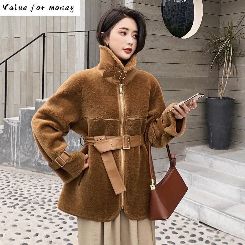 

Fur Real Coat 100% Wool Jacket Autumn Winter Coat Women Clothes 2021 Streetwear Korean Vintage Sheep Shearling Women Tops ZT3163, Camel