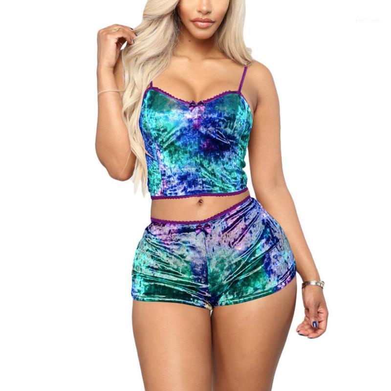 

Hot Women 2 Piece Set Velvet Sleepwear Sexy Spaghetti Strap Shorts Pajamas Yoga Running Suit Ladies Casual Sportswear Set1, Blue