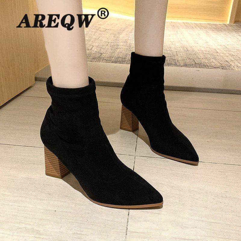 

2020 New Winter Ladies Pointed Thick with Wild Black Ankle Boots Female Suede with Fashion Short Boots